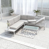 WLSF2509 White Aluminum L-Shaped Outdoor Sectional with Chaise Lounge & Glass Table – Singapore Rooftop Modern Convertible Patio Sofa Set