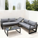 WLSF2512 Black Metal L-Shaped Outdoor Sectional Sofa Set with Tempered Glass Table – Dubai Rooftop Modern Contrast Color Patio Furniture