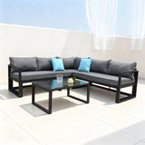 WLSF2512 Black Metal L-Shaped Outdoor Sectional Sofa Set with Tempered Glass Table – Dubai Rooftop Modern Contrast Color Patio Furniture