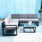 WLSF2513 Black Metal L-Shaped Outdoor Sectional with Adjustable Chaise, Glass Table & Umbrella – Miami Rooftop Tropical Luxury Patio Set