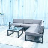 WLSF2513 Black Metal L-Shaped Outdoor Sectional with Adjustable Chaise, Glass Table & Umbrella – Miami Rooftop Tropical Luxury Patio Set