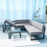 WLSF2513 Black Metal L-Shaped Outdoor Sectional with Adjustable Chaise, Glass Table & Umbrella – Miami Rooftop Tropical Luxury Patio Set