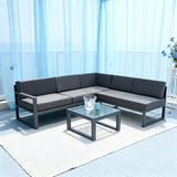 WLSF2513 Black Metal L-Shaped Outdoor Sectional with Adjustable Chaise, Glass Table & Umbrella – Miami Rooftop Tropical Luxury Patio Set