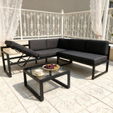 WLSF2513 Black Metal L-Shaped Outdoor Sectional with Adjustable Chaise, Glass Table & Umbrella – Miami Rooftop Tropical Luxury Patio Set