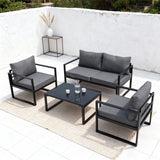 WLSF2514 Ibiza Style 4-Piece Black Metal Outdoor Conversation Set with Tempered Glass Table – Modern Minimalist Patio Seating Set