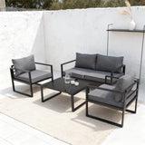 WLSF2514 Ibiza Style 4-Piece Black Metal Outdoor Conversation Set with Tempered Glass Table – Modern Minimalist Patio Seating Set