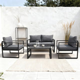 WLSF2514 Ibiza Style 4-Piece Black Metal Outdoor Conversation Set with Tempered Glass Table – Modern Minimalist Patio Seating Set