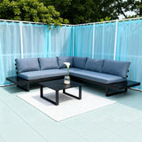 WLSF2516 Black Metal L-Shaped Outdoor Sectional with Wooden Side Extensions & Coffee Table – Palm Beach Tropical Modern Patio Set