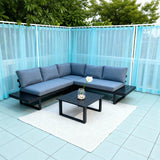 WLSF2516 Black Metal L-Shaped Outdoor Sectional with Wooden Side Extensions & Coffee Table – Palm Beach Tropical Modern Patio Set