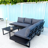 WLSF2516 Black Metal L-Shaped Outdoor Sectional with Wooden Side Extensions & Coffee Table – Palm Beach Tropical Modern Patio Set