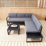 WLSF2517 Black Metal L-Shaped Outdoor Sectional with Extended Side Table & Coffee Table – Redwood Forest Terrace Modern Patio Set