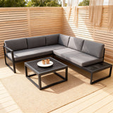 WLSF2517 Black Metal L-Shaped Outdoor Sectional with Extended Side Table & Coffee Table – Redwood Forest Terrace Modern Patio Set