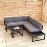 WLSF2517 Black Metal L-Shaped Outdoor Sectional with Extended Side Table & Coffee Table – Redwood Forest Terrace Modern Patio Set