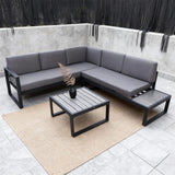 WLSF2517 Black Metal L-Shaped Outdoor Sectional with Extended Side Table & Coffee Table – Redwood Forest Terrace Modern Patio Set