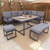 WLSF2520 Dark Grey Metal L-Shaped Outdoor Sectional with Dining Table, Ottomans & Umbrella – Provence Countryside Patio Furniture Set