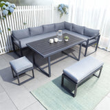 WLSF2520 Dark Grey Metal L-Shaped Outdoor Sectional with Dining Table, Ottomans & Umbrella – Provence Countryside Patio Furniture Set