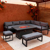 WLSF2521 Dark Grey Metal L-Shaped Outdoor Sectional with Fire Pit Table & Ottomans – Scottsdale Desert Patio Furniture Set