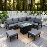 WLSF2524 Black Metal L-Shaped Outdoor Sectional with Fire Pit Table & Ottomans – French Riviera Balcony Patio Furniture Set