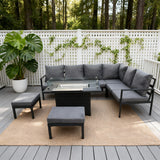 WLSF2524 Black Metal L-Shaped Outdoor Sectional with Fire Pit Table & Ottomans – French Riviera Balcony Patio Furniture Set