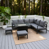 WLSF2524 Black Metal L-Shaped Outdoor Sectional with Fire Pit Table & Ottomans – French Riviera Balcony Patio Furniture Set