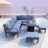 WLSF2524 Black Metal L-Shaped Outdoor Sectional with Fire Pit Table & Ottomans – French Riviera Balcony Patio Furniture Set