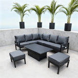 WLSF2525 Black Metal L-Shaped Outdoor Sectional with Faux Leather Cushions, Coffee Table & Ottomans – Miami Rooftop Modern Patio Set