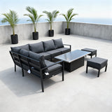 WLSF2525 Black Metal L-Shaped Outdoor Sectional with Faux Leather Cushions, Coffee Table & Ottomans – Miami Rooftop Modern Patio Set