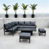 WLSF2525 Black Metal L-Shaped Outdoor Sectional with Faux Leather Cushions, Coffee Table & Ottomans – Miami Rooftop Modern Patio Set