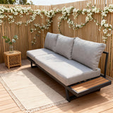 WLSF2526S3 Black Metal Frame Modular Outdoor Sofa with Light Grey Cushions & Wooden Side Extension – New England Countryside Patio Seating