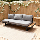 WLSF2526S3 Black Metal Frame Modular Outdoor Sofa with Light Grey Cushions & Wooden Side Extension – New England Countryside Patio Seating