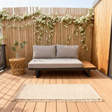 WLSF2526S4 Black Metal Frame Outdoor Loveseat with Wooden Side Extension & Light Grey Cushions – New England Countryside Patio Seating