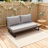 WLSF2526S4 Black Metal Frame Outdoor Loveseat with Wooden Side Extension & Light Grey Cushions – New England Countryside Patio Seating