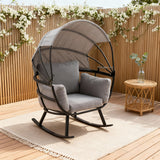 WLSF2527 Black Metal Frame Outdoor Rocking Egg Chair with Canopy & Light Grey Cushions – New England Countryside Patio Lounge