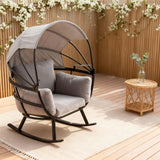 WLSF2527 Black Metal Frame Outdoor Rocking Egg Chair with Canopy & Light Grey Cushions – New England Countryside Patio Lounge
