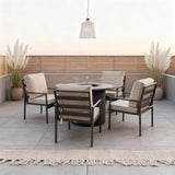 WLSF2529 Dark Grey Metal Frame 4-Seater Outdoor Fire Pit Dining Set with Beige Cushions – Santa Barbara Modern Patio Furniture Set