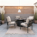 WLSF2529 Dark Grey Metal Frame 4-Seater Outdoor Fire Pit Dining Set with Beige Cushions – Santa Barbara Modern Patio Furniture Set