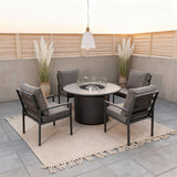 WLSF2529 Dark Grey Metal Frame 4-Seater Outdoor Fire Pit Dining Set with Beige Cushions – Santa Barbara Modern Patio Furniture Set