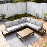 WLSF2530 Black Metal L-Shaped Outdoor Sectional with Wooden Extensions & Coffee Table – Charleston Traditional Patio Furniture Set