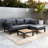 WLSF2531 Black Metal L-Shaped Outdoor Sectional with Wooden Top Coffee Table – Berlin Rooftop Modern Patio Furniture Set