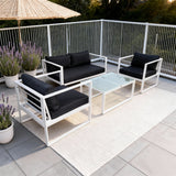WLSF2532S2 White Aluminum 4 Piece Outdoor Conversation Set with Navy Cushions & Glass Coffee Table – Provence Luxury Patio Set
