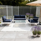 WLSF2532S2 White Aluminum 4 Piece Outdoor Conversation Set with Navy Cushions & Glass Coffee Table – Provence Luxury Patio Set