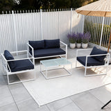 WLSF2532S2 White Aluminum 4 Piece Outdoor Conversation Set with Navy Cushions & Glass Coffee Table – Provence Luxury Patio Set