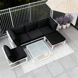 WLSF2532S3 White Aluminum L-Shaped Outdoor Sectional with Navy Cushions & Glass Coffee Table – Provence Lavender Patio Set