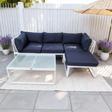 WLSF2532S3 White Aluminum L-Shaped Outdoor Sectional with Navy Cushions & Glass Coffee Table – Provence Lavender Patio Set