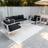 WLSF2532S4 White Aluminum 4-Piece Outdoor Conversation Set with Navy Cushions & Glass Coffee Table – Provence Lavender Patio Set