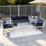 WLSF2532S4 White Aluminum 4-Piece Outdoor Conversation Set with Navy Cushions & Glass Coffee Table – Provence Lavender Patio Set