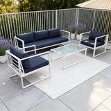 WLSF2532S4 White Aluminum 4-Piece Outdoor Conversation Set with Navy Cushions & Glass Coffee Table – Provence Lavender Patio Set