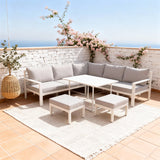 WLSF2533 White Aluminum L-Shaped Outdoor Dining Set with Convertible Table & Light Grey Cushions – Mediterranean Coastal Patio Set