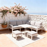 WLSF2533 White Aluminum L-Shaped Outdoor Dining Set with Convertible Table & Light Grey Cushions – Mediterranean Coastal Patio Set