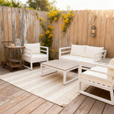 WLSF2534S1 White Aluminum 5-Piece Outdoor Conversation Set with Light Wood Tables & Cream Cushions – California Countryside Patio Set